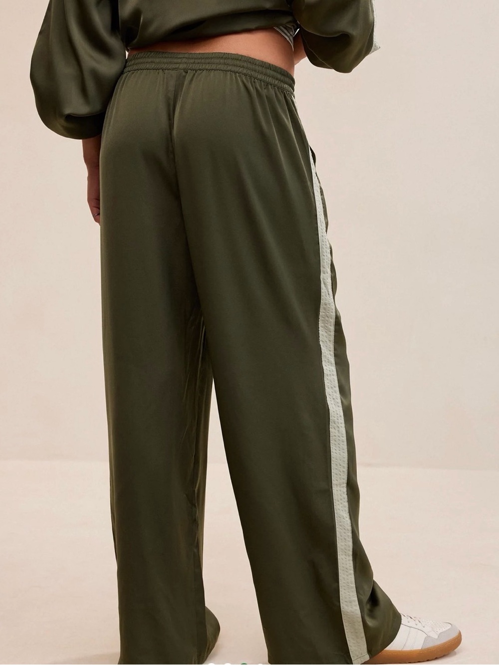 aerie Olive Wide-Leg liquid satin Pants with Light Side Stripe - Picture 2 of 6